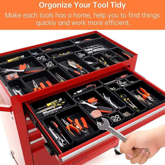 46 Pack 5-Sizes Large 12'' Tool Box Organizer Tray, Tool Box Organizers and Storage, for Hammer, Wrench, Screw, Small Parts Toolbox Organization, Tool Cart Chest Garage Drawer Organizer Tray, Black