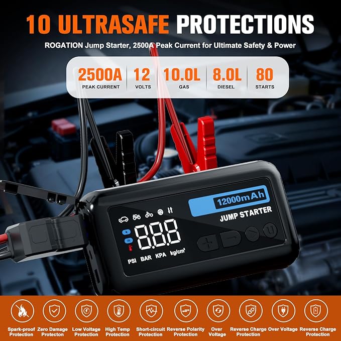 Jump Starter with 150PSI Air Compressor, 2500A Peak 12V Booster, 12000mAh Portable Car Battery Jump Starter, Up to 10L Gas/8L Diesel Engines, 33W Bidirectional Fast Charging Power Bank-Black