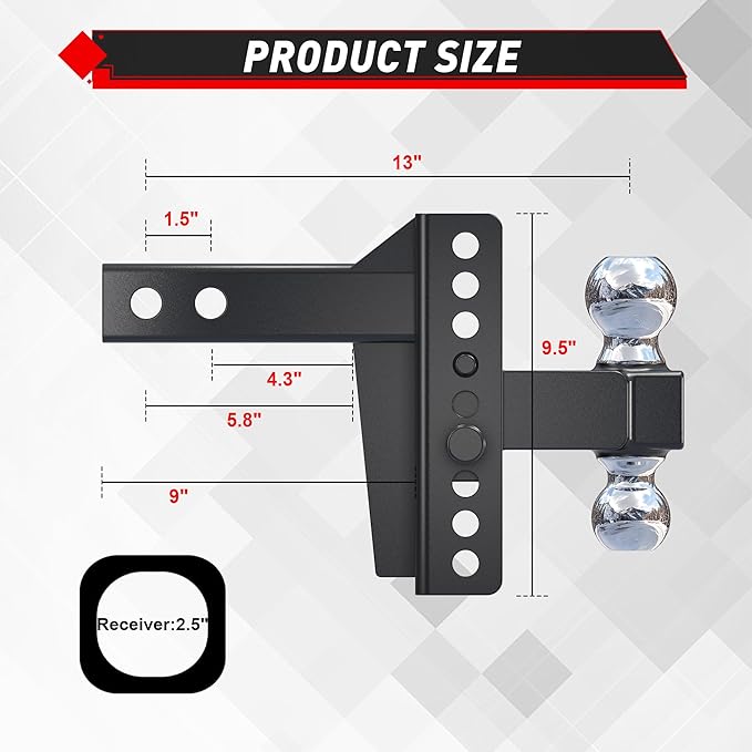 TYT Adjustable Truck Trailer Hitch for 2.5 inch Receiver, 6" Drop/Rise Tow Hitch with Dual Balls (2" & 2-5/16"), Includes Two Pin Locks & Hitch Tightener