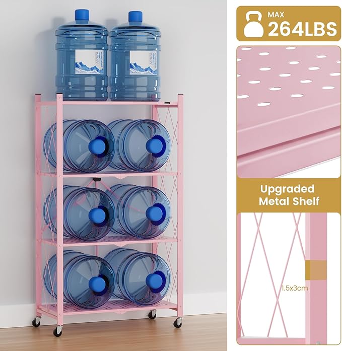 ALANNG Heavy Duty 4-Tier Folding Shelf with Wheels, No Tools Assembly Metal Storage Rack Cart, 264LBS Capacity for Kitchen, Pantry, Laundry Room, Garage, (Pink, 2PACK)