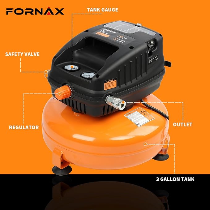 FORNAX Pancake Air Compressor, 3 Gallon, 110 PSI Portable Air Compressor, Oil Free Kits