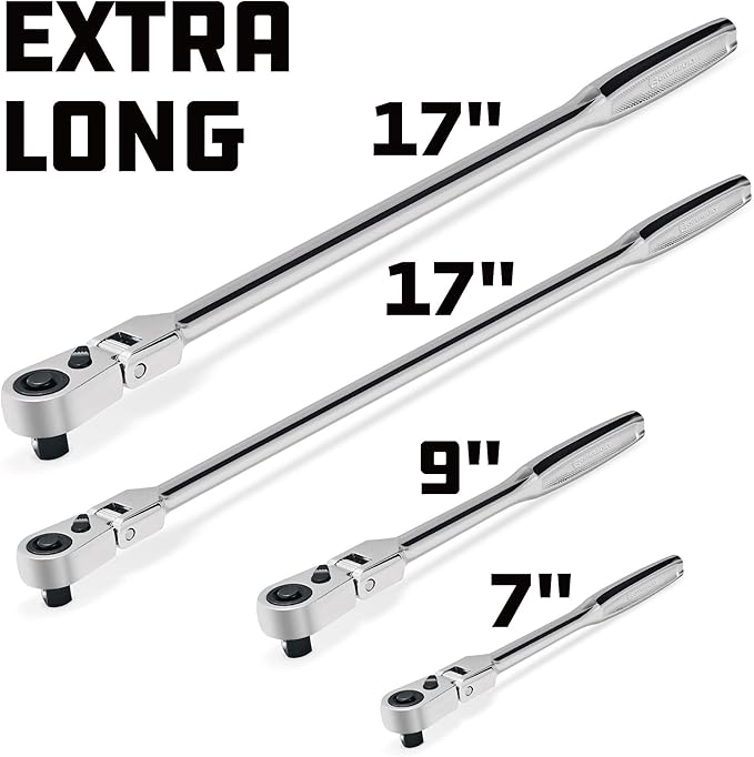 Powerbuilt 4 Piece Pro Tech Long Reach Flex Head Ratchet Set, 72-Tooth, 180° Flex Head, Contoured Grip Handles, 1/4" Dr. x 7", 3/8" Dr. x 9" & 17", 1/2" Dr. x 17" - 240238