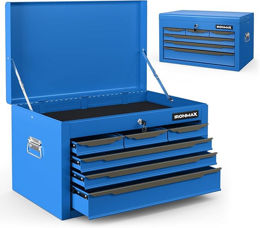 Goplus Tool Box, 24” Steel Tool Chest w/6 Drawers, Top Tool Tray,Automatic Lock, Protective Liners, Handle, Smooth Ball Bearing Sides, Portable Tool Storage Organizer, Toolbox for Garage Workshop