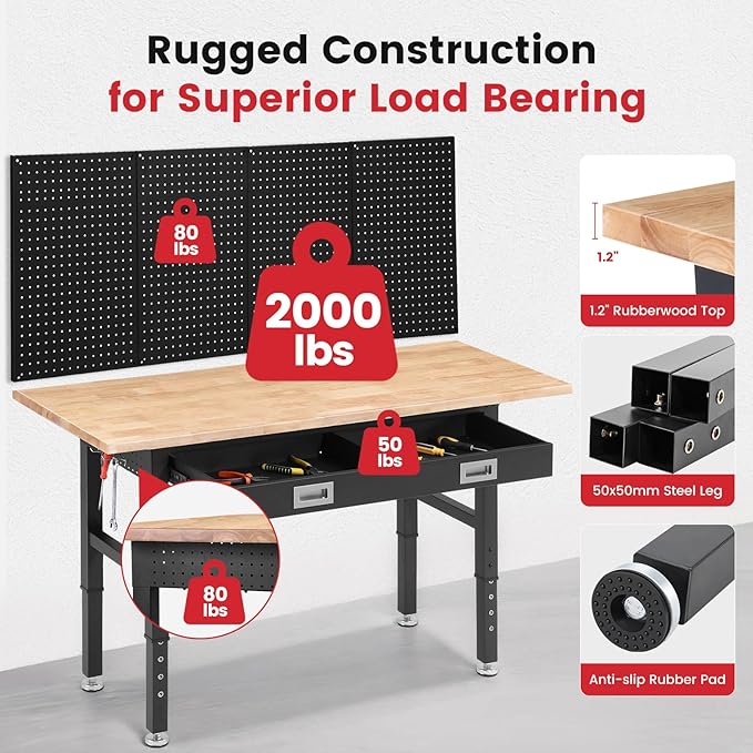 ENJOYWOOD 60" x 22" Garage Workbench Adjustable Height Work Table with Drawers, Pegboard & Power Outlets Heavy Duty Rubberwood Top Work Bench for Workshop & Home