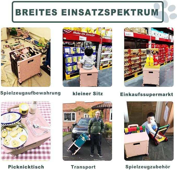 Foldable Utility Cart Folding Portable Rolling Crate Handcart Shopping Trolley Wheel Box with Lid Wear-Resistant Noiseless 360°Rotate Wheel for Travel Shopping Moving Storage Office (Pink)