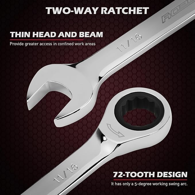 Premium 24-Piece Ratcheting Wrench Set, SAE & Metric Combination Wrenches, 8-19mm / 1/4"-7/8", 72-Tooth Ratchet Spanners, Chrome Vanadium Steel with Roll-Up Pouch for Mechanics