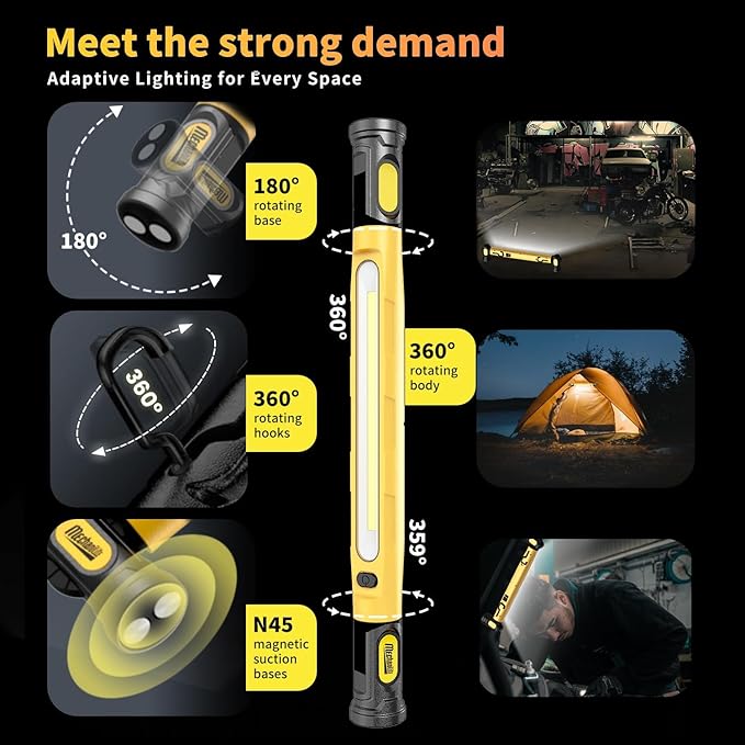 2Pack MechaniLite Under Hood Work Light Bar, 3000LM LED Magnetic Light Bar with Hooks, 5200mAh Cordless Rechargeable Hood Light for Mechanic/Car Repairing/Garage-Yellow