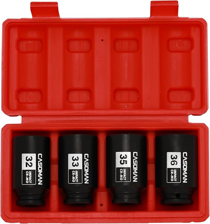 CASOMAN 1/2'' Drive Deep Spindle Axle Nut Impact Socket Set, 6 Point, CR-MO,32,33,35,36mm, 4PC 1/2-Inch Impact Socket Set, Heavy Duty Use In Removing And Installing Axle Nuts