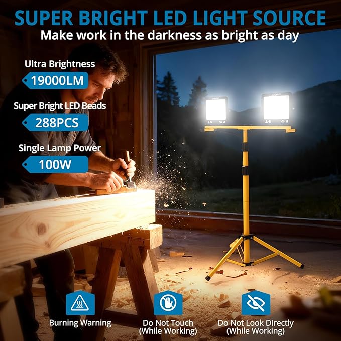 AUTOUTLET 2 Head LED Work Lights with Stand, 19000LM Adjustable Head Tripod Work Light with 16.4ft Cord, 288Pcs LEDs Beads, 3 Color Temperatures, IP66 Waterproof for Garage, Outdoor, Construction