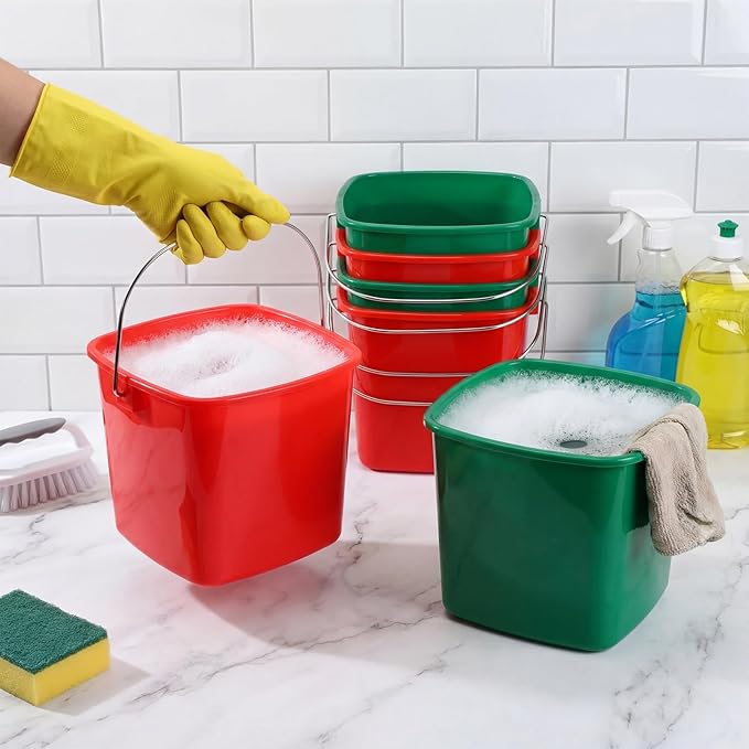Zhehao 6 Pcs 3 Quart Bucket for Cleaning Small Sanitizer Bucket for Restaurant Square Plastic Pail with Handles for Home, Offices, Commercial Use, Food Service (Red,Green)