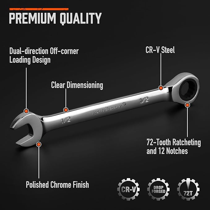 HORUSDY 26-Piece Ratcheting Wrench Set | Metric and SAE | Ratchet Combination Wrenches Set with Organizer | 72-Tooth | Chrome Vanadium Steel | 6-19 mm & 1/4” to 3/4“ (13-Piece Metric&SAE)
