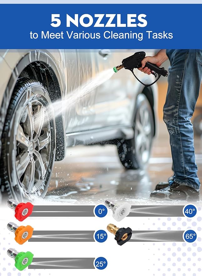 Short Pressure Washer Gun, 5000 PSI Max Swivel High Pressure Washer Extension Wand with 5 nozzles, M22 14MM Swivel Connect & M22 15MM, Car Wash Kit Power Washer Gun for Cars, Driveway, Yard, Fence