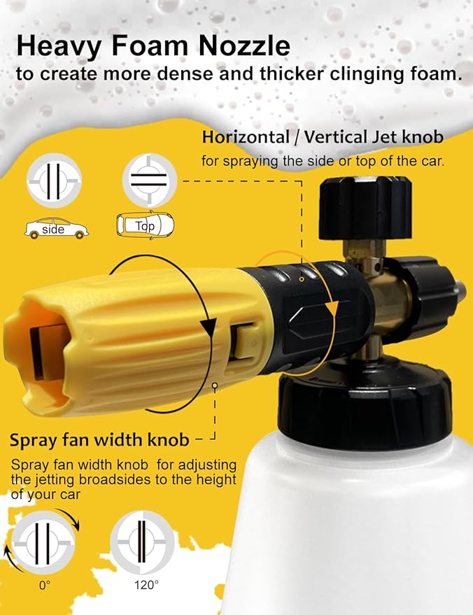 BOSEA Foam Cannon for Pressure Washer - 4000PSI Adjustable Car Soap Dispenser for Pressure Washer - Heavy Duty Foam Sprayer with M22 and 1/4" Quick Connector, 1L Bottle