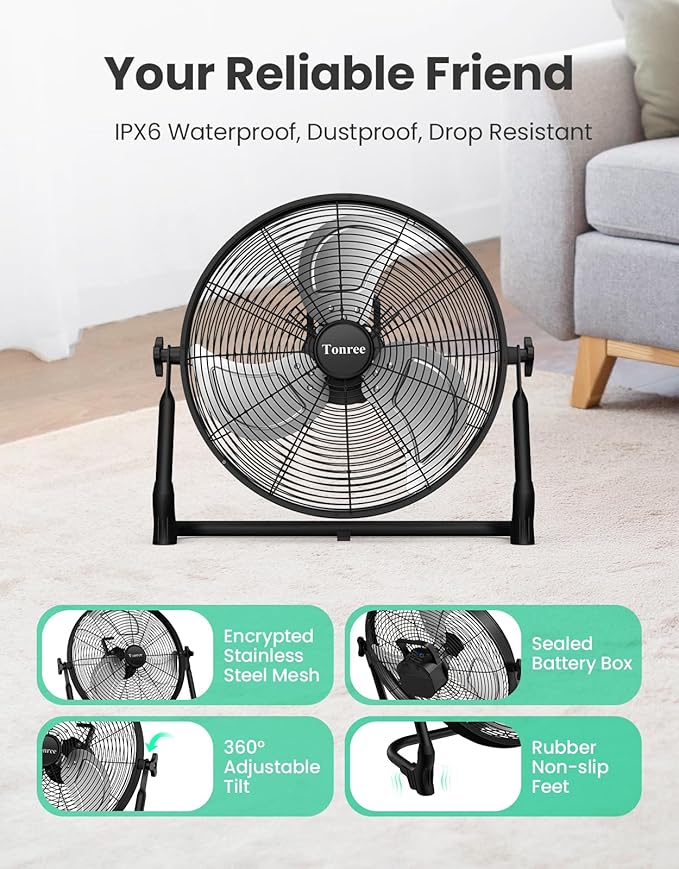 18" Portable Battery Operated Floor Fan, Hi-Velocity Rechargeable Cordless Fan, USB Phone Charge, 12-60H Runtime, Quiet, Wireless, Hi-Airflow, For Camping Home Gym Patio Outdoor Summer Gazebo