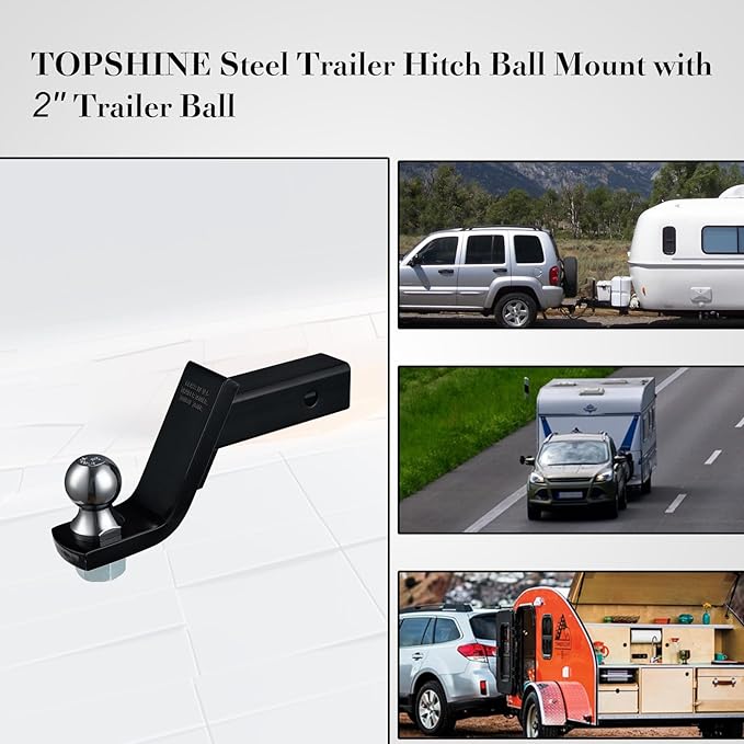 TOPSHINE Trailer Hitch Ball Mount with 2 in Ball & Hitch Pin, Heavy Duty Steel Fits 2 Inch Receiver, 7500lbs Capacity, 4-in Drop, 3pcs Hitch Receiver Silencer Pad Included, Black