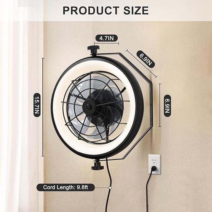 16" Wall Mounted Fan Indoor, Quiet 6 Speed Wall Mount Fan with Remote, Light and Timer, 360° Adjustable Tilt Plug in Wall Fan for Garage, Bedroom, Kitchen, Living Room, Greenhouse, Patio