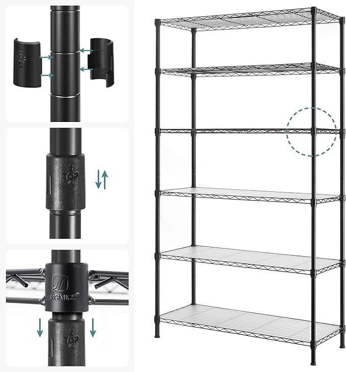 SONGMICS 6-Tier Storage Shelves, Wire Shelving Unit, Kitchen Metal Shelves, Storage Rack with Adjustable Shelves, Shelf Liners, 8 Hooks, for Garage, 13.8 x 35.4 x 69.7 Inches, Black ULGR096B01