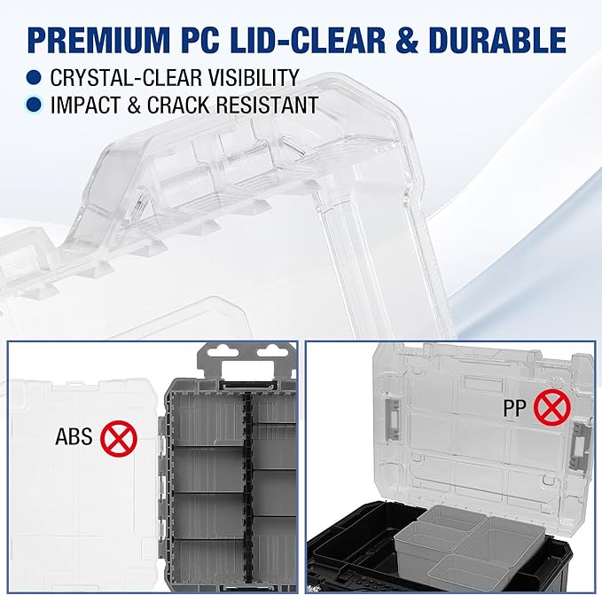 WORKPRO Small Parts Organizer 3 Pieces, Portable Stackable Hardware Storage Case with Removable Dividers, Clear Lid Tool Box Organizer for Screws, Bolts, Nails, Craft Supplies and Small Accessories