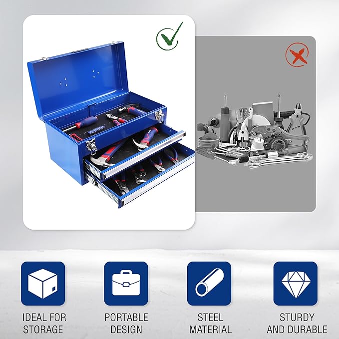 WORKPRO Tool Box with Drawers, 18 Inch with 2 Drawers and 1 Top Storage, Portable Toolbox with Metal Latch and Liner for Garage, Office and Home Storage, 100 LBS Load Capacity (Totally)