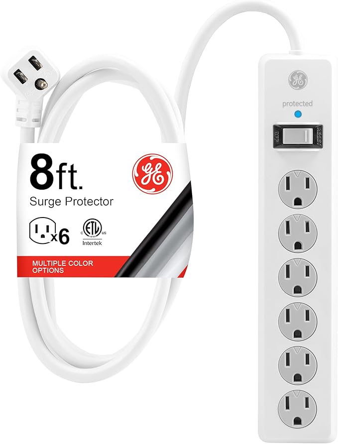 GE Surge Protector Power Strip, 8 Ft Extension Cord, 6 Outlet Extender, 800 Joules, Flat Plug, Twist-to-Close Safety Covers, ETL Listed, White, 67044