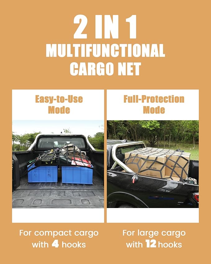 The First Flat Bungee Cargo Net for Pickup Truck Bed, 4' x 6' Stretches to 10' x 15', 25 MM Heavy Duty Cargo Net with 2 Using Modes, for Dodge RAM, Ford, Chevy, Toyota, etc