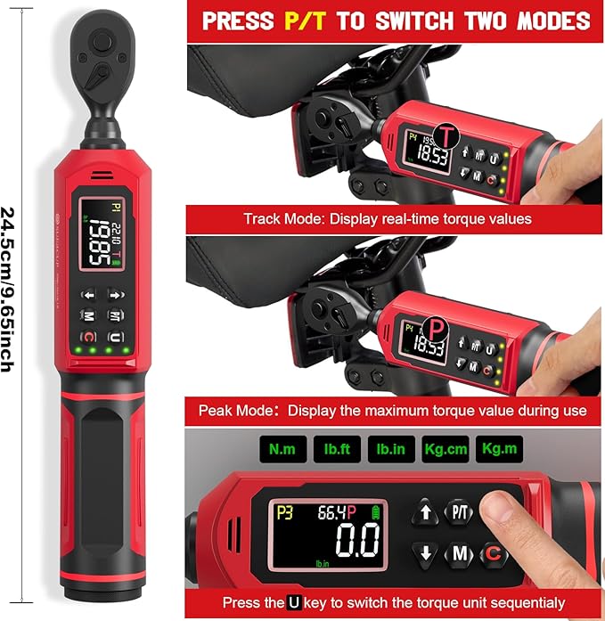 1/4-inch Digital Torque Wrench(0.33-22.1Ft.Lb/0.45-30N.m) ±1% Accuracy Digital Torque Wrench with Vibration, Buzzer,LED Notification and Five Units of Measure, for Bike, DIY and Home Repair