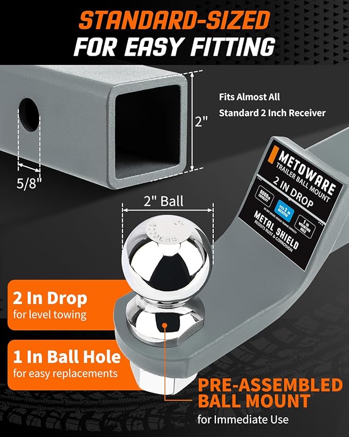 METOWARE Trailer Hitch Ball Mount, 2" Drop Hitch with 2" Ball, 6,000 lbs GTW Fits 2" Receiver for Truck SUV Boat RV, Solid Steel Towing Kit with Hitch Pin & Clip, Titanium Grey