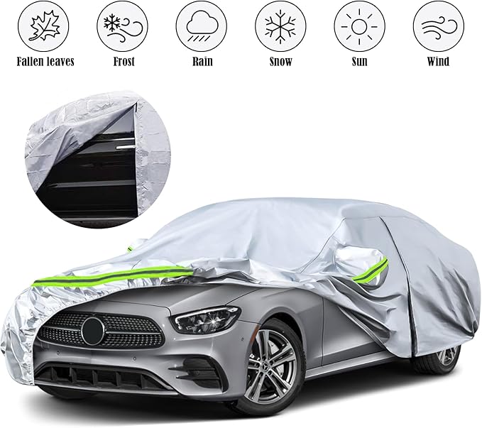 Waterproof Car Covers Replace for 2006-2025 Mercedes Benz E-Class E300 E350 E400 E450, 6 Layers Silver All Weather Car Cover with Zipper Door & Windproof Bands for Snow Rain Dust Protection