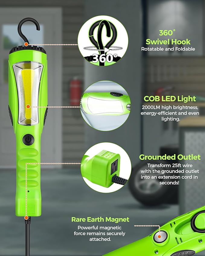 18W LED Work Light, 25FT 2000LM COB LED Light, Handheld Underhood Trouble Light with Cord 16 Gauge SJTW, Swivel Hook, for Garage, Workshop, Car Repair Scene, ETL Listed, Green J04WL06