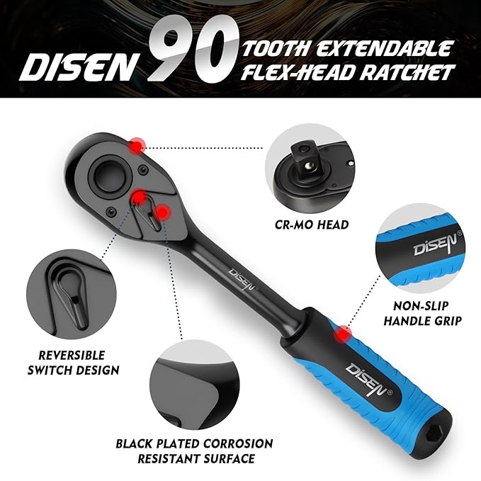 DISEN 3PCS Black Ratchet Set (1/2", 3/8", 1/4" Drive) - 90-Tooth Drive Ratchet Socket Wrench Reversible with Non-slip Rubber Grip, Quick Release & EVA Tray - Professional Ratchet Wrench Handle Kit