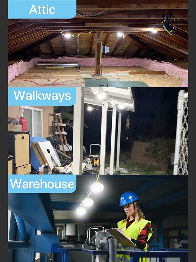 HYPERLITE Construction String Lights: 100FT 10 Bulbs Work Lights with 3 Prong - IP65 Waterproof Linkable LED Industrial Temporary Lighting for Construction Sites Attic Crawlspace Renovation