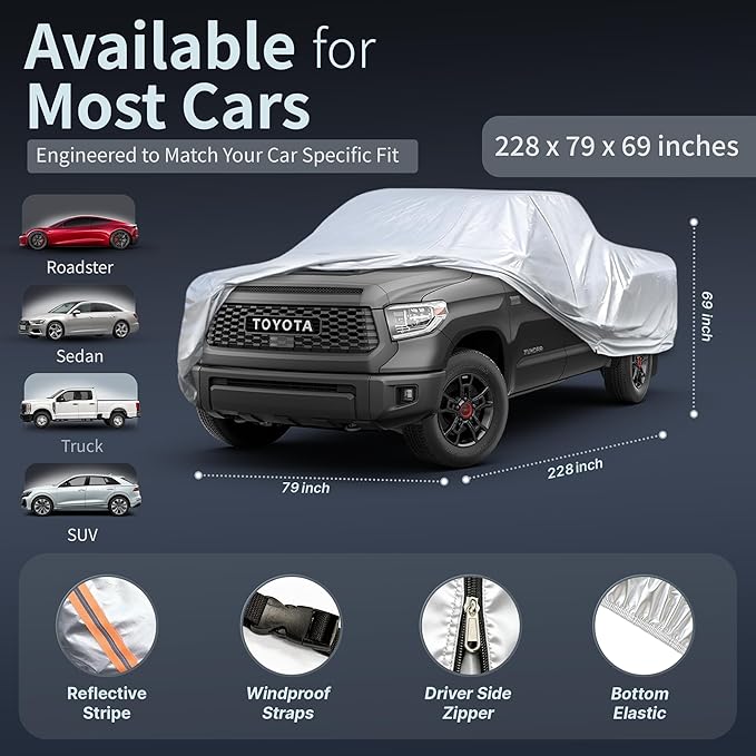Car Cover Waterproof All-Weather,Heavy-Duty Outdoor Full Exterior Automobiles Snow Cover for Truck 221-228 inch,with Sun Visor,Anti-Scratch Cotton Lining & Zippered,Towel&Storage Bag