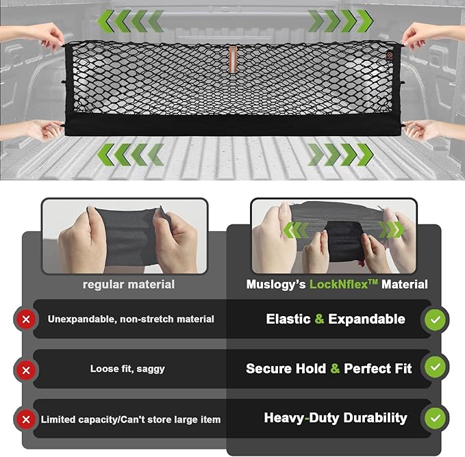 Muslogy Truck Bed Cargo Net Trunk Netting Compatible with 2013-2026 Chevy Silverado & GMC Sierra 1500/2500HD/3500HD Accessories, Pickup Cargo Organizer SUV Sedan Storage Net w/Heavy Duty Carabiners