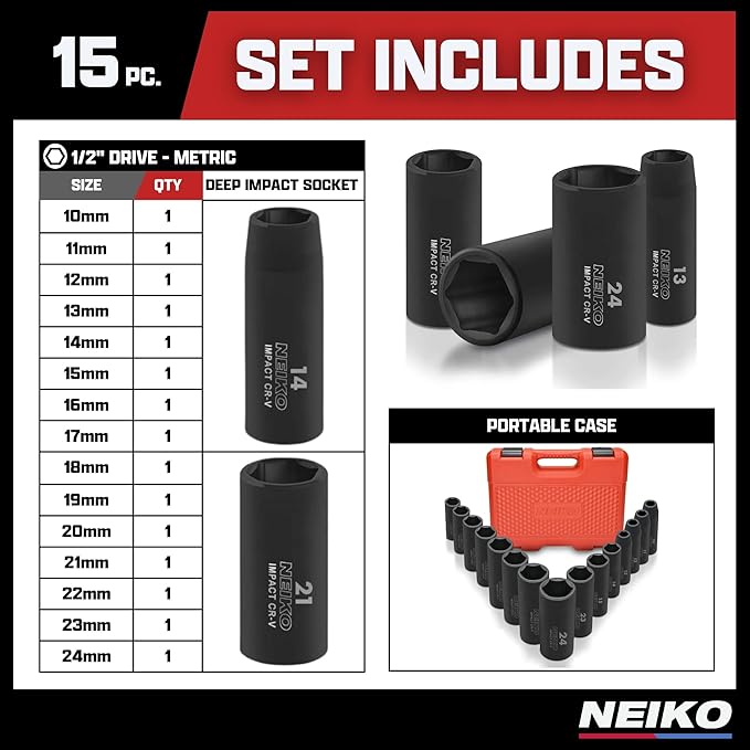 NEIKO 02474A 1/2" Impact Socket Set, 15 Piece Metric Socket Set 10-24 mm, Deep Sockets, 6 Point, 1/2” Drive Sockets for 1/2" Impact Wrench, Chrome Vanadium Cr-V