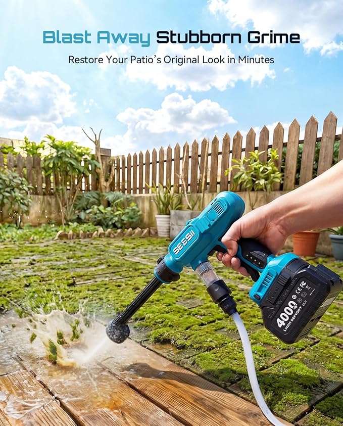 SEESII Cordless Pressure Washer Battery Powered, Dual 4000mAh Batteries Portable Power Washer with 6-in-1 Nozzle & Foam Cannon for Car, Home, Garden, Patio and Fence Cleaning