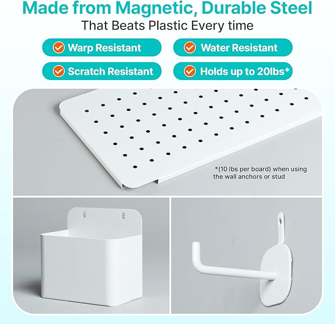Upgraded Metal Pegboard Wall Organizer Kit – Magnetic, Heavy-Duty Peg Board with Shelves, Hooks & Clips – Wall Mount Storage for Office, Kids, Makeup, Garage & Home, Craft Organizer