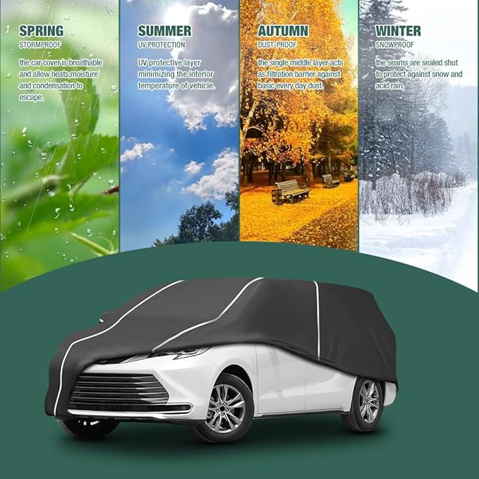Fluorescent Strip Design Waterproof Car Cover Compatible for Toyota Sienna Minivan 2003-2024 All Weather 6 Layers Full Car Cover Safe Parking at Night with Storage Bag