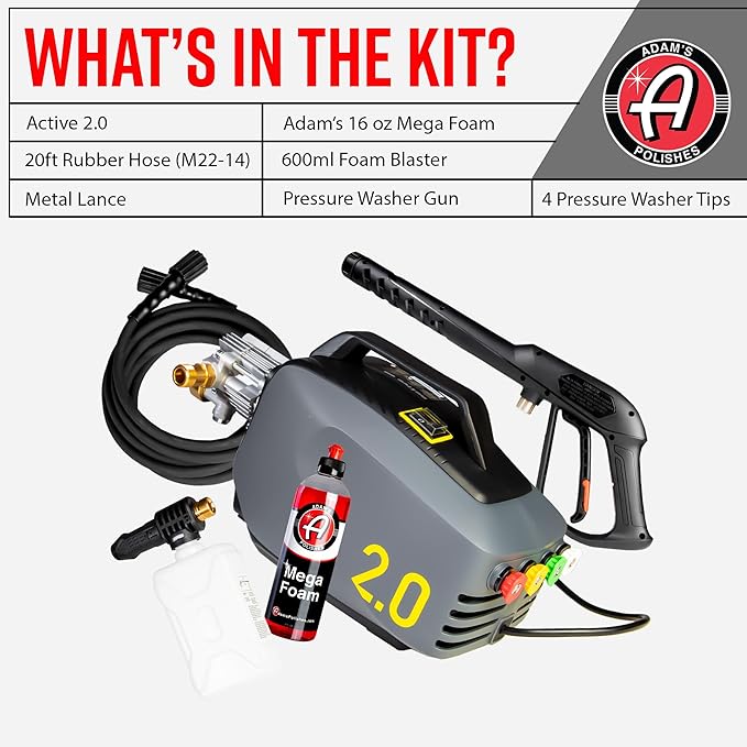 Adam's Polishes Active Pressure Washer 2.0 & Mega Foam Car Soap (5 Item) Powerful, Lightweight, Portable Electric Pressure Washer Sprayer | 1800 PSI, 2.0 GPM | for Car Home Auto Patio RV Motorcycle
