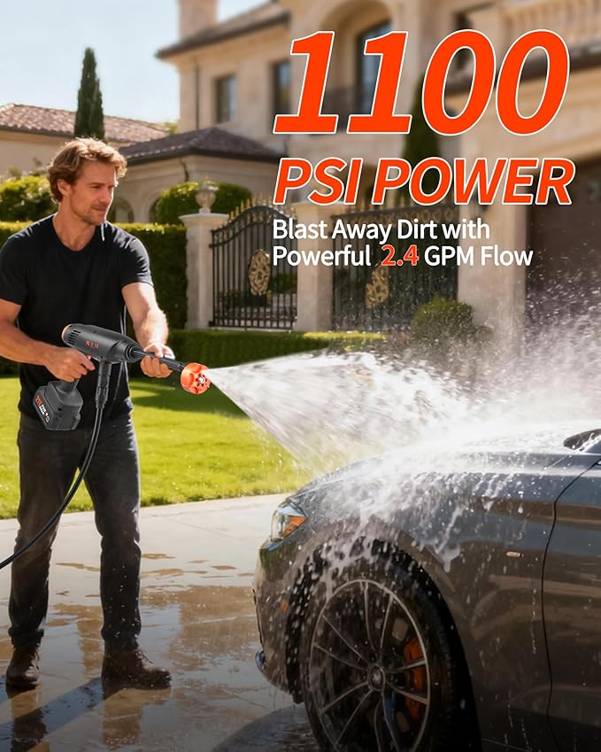 Cordless Pressure Washer Battery Powered; 1100PSI 2.4 GPM Portable Cordless Power Washer with 6-in-1 Nozzle, Foam Cannon, 21V Battery&Charger; Handheld Battery Pressure Washer (EnduringOrange)