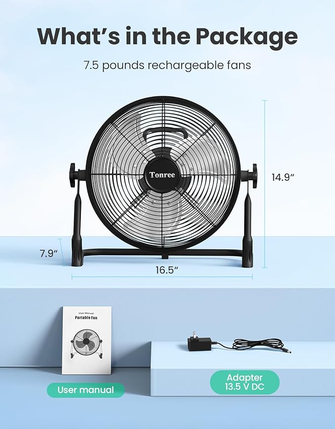 14" Portable Battery Operated Fan, Rechargeable Floor Fan, Hi-Velocity Cordless Camping Fan, USB Phone Charge, 12-60H Runtime, Quiet, Wireless, For Gym Shed Travel Home Outdoor Garage Tent Car Barn