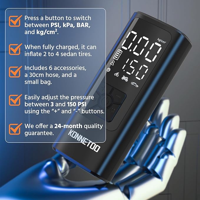 KONNETOO Inflator Portable Air Compressor - Air Pump for Car Tires with Tire Pressure Gauge - One Click Smart Pump Tire Inflator for Car, Motorcycle, Bicycle and More