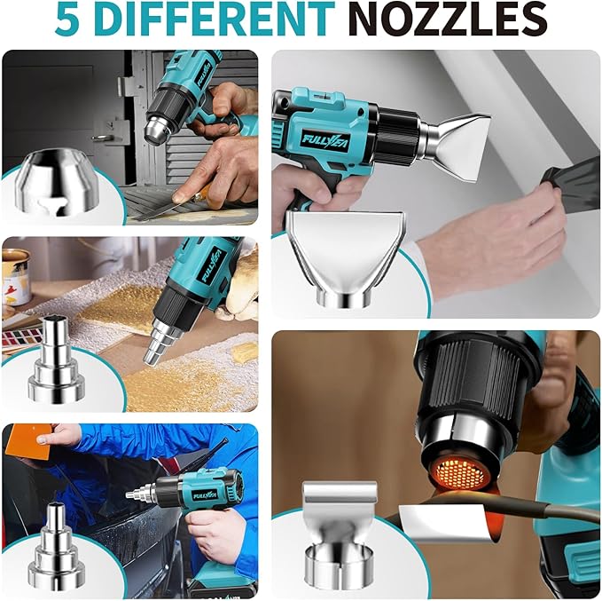 FULLYEA Heat Gun Cordless, Portable Hot Air Gun Kit with 5 Nozzles, Max 550℃/1022℉, Soldering Heat Gun with 2*4.0Ah Battery & Charger, Cordless Heating Gun for Shrink Tubing, Vinyl Wrap, Craft (Blue)