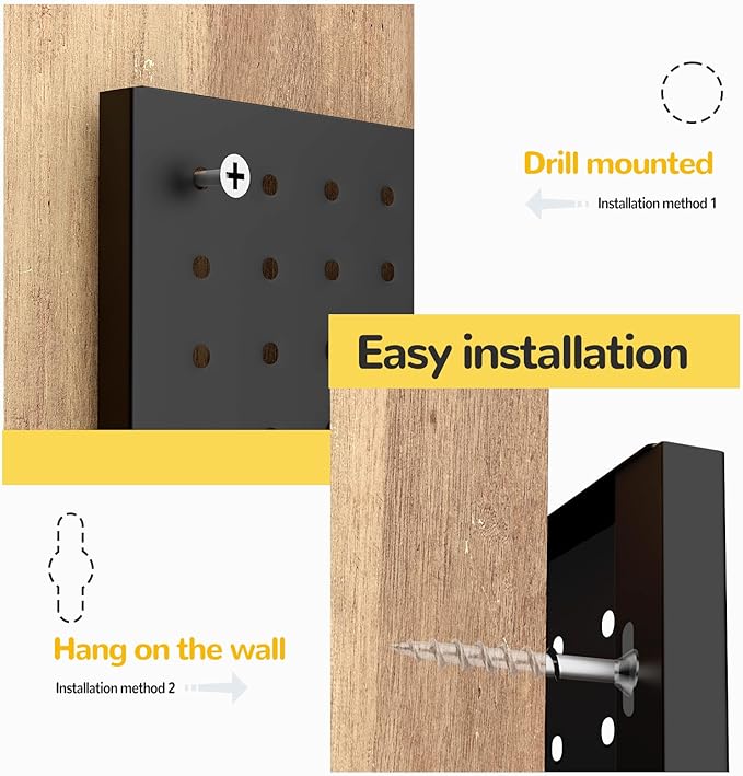 74PCS Pegboard Wall Organizer, 4 Pack Metal Pegboard Panels with 70 Hooks, 32" x 24" or 64" x 12" Black Peg Board for Walls, Garage, Craft Room, Cold-Rolled Steel