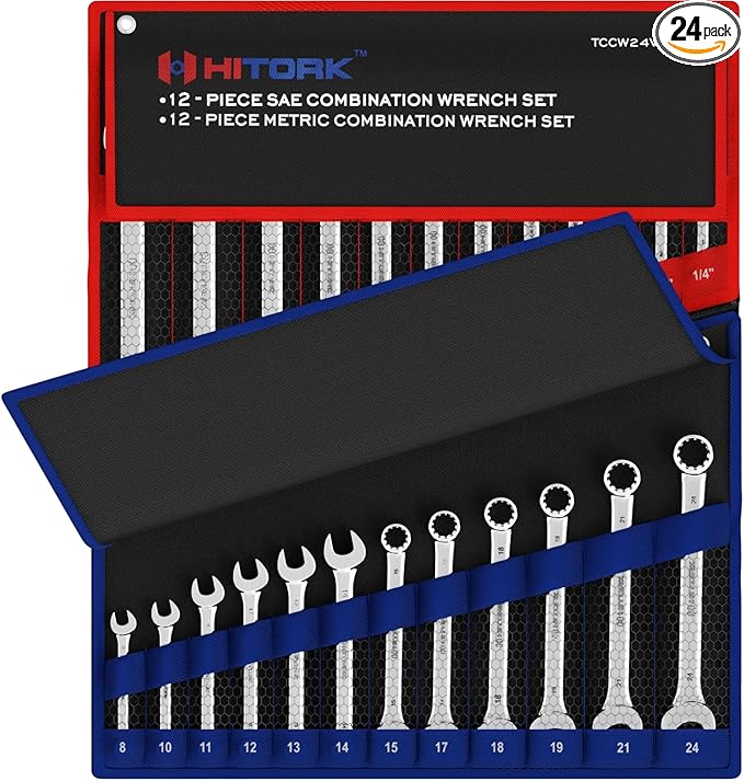 Hitork 24-Piece Combination Wrench Set, SAE (1/4"–1") & Metric (8–24mm), Cr-V Steel, Mirror Chrome Finish, 12-Point Box End, 15° Offset, with Roll Pouch – Ideal for Home, Garage & Auto Repair