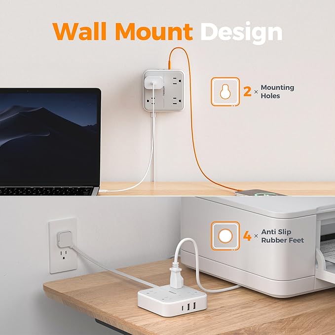 TESSAN Surge Protector Flat Extension Cord 1Ft, Ring Plug Power Strip with 4 Outlets 3 USB Ports (1 USB C), 900 Joules Protection, Multiple Wall Outlet Extender Suitable for Home Office Dorm, Grey