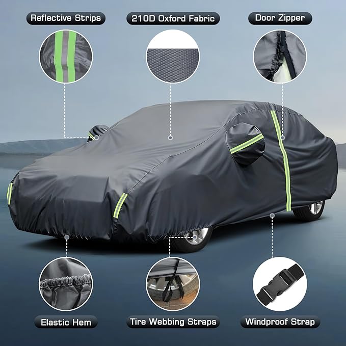 Waterproof Car Cover for 2011-2025 VW Jetta, All Weather Sedan Outdoor Sun UV Rain Dust Snow Wind Protection Cover for Automobiles with Zipper Door & Windproof Bands (Gery)