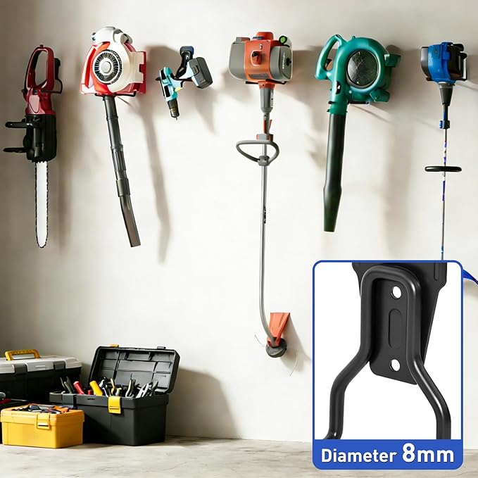 Heavy Duty Garden Power Tool Hanger, Garage Storage Utility Hooks with Storage Straps, Electric Tool Hooks, String Trimmer Hangers, Garden Tool Organizer, Weedeater Rack (2, Black)