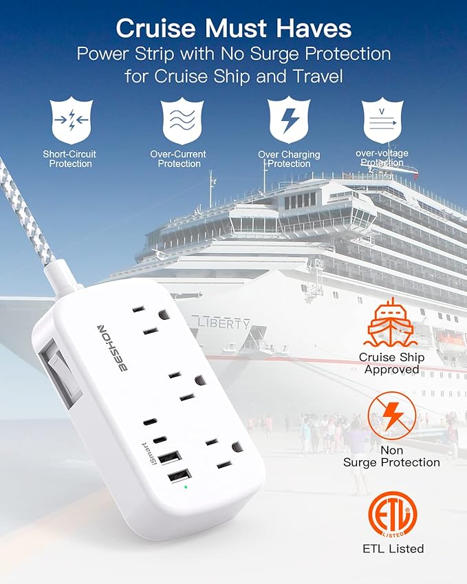 Flat Extension Cord, BESHON 5FT Flat Plug Power Strip with USB C, 6 Outlets 4 USB Port(2 USB C), No Surge Protector, Cruise Ship, Dorm Room Travel Essentials