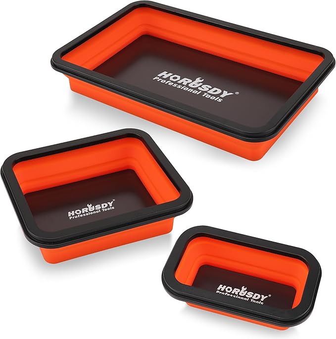 HORUSDY 3-Piece Magnetic Parts Tray Set, Tool Trays for Storage Organizer Screw, Bolts, Washers, Nuts and Small Tools. Tool Gifts for Men, Orange and Black