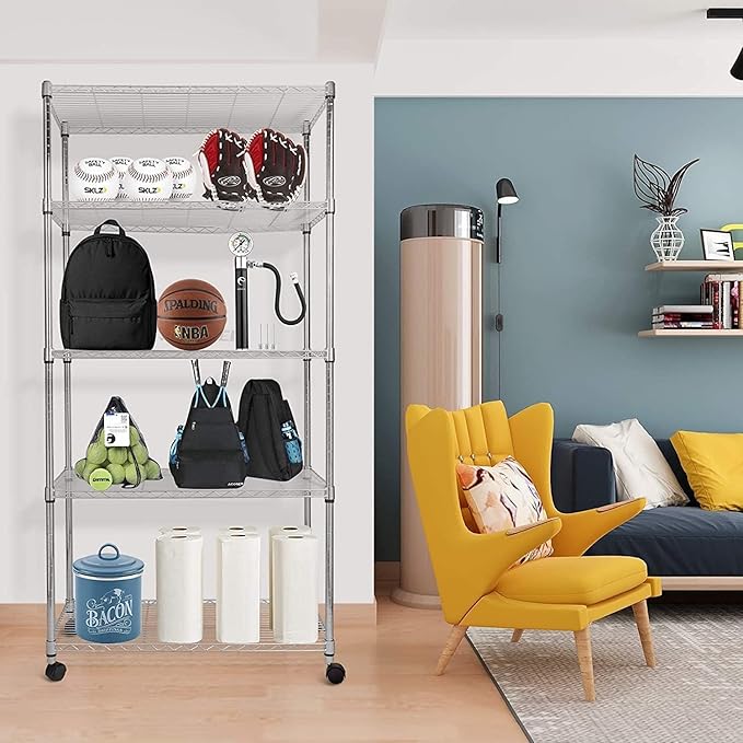 Simple Deluxe Heavy Duty 5-Tier Storage Shelving Unit, 35.83" W x 13.98" D x 61.02" H, 1250 Lbs Loading Capacity, Chrome